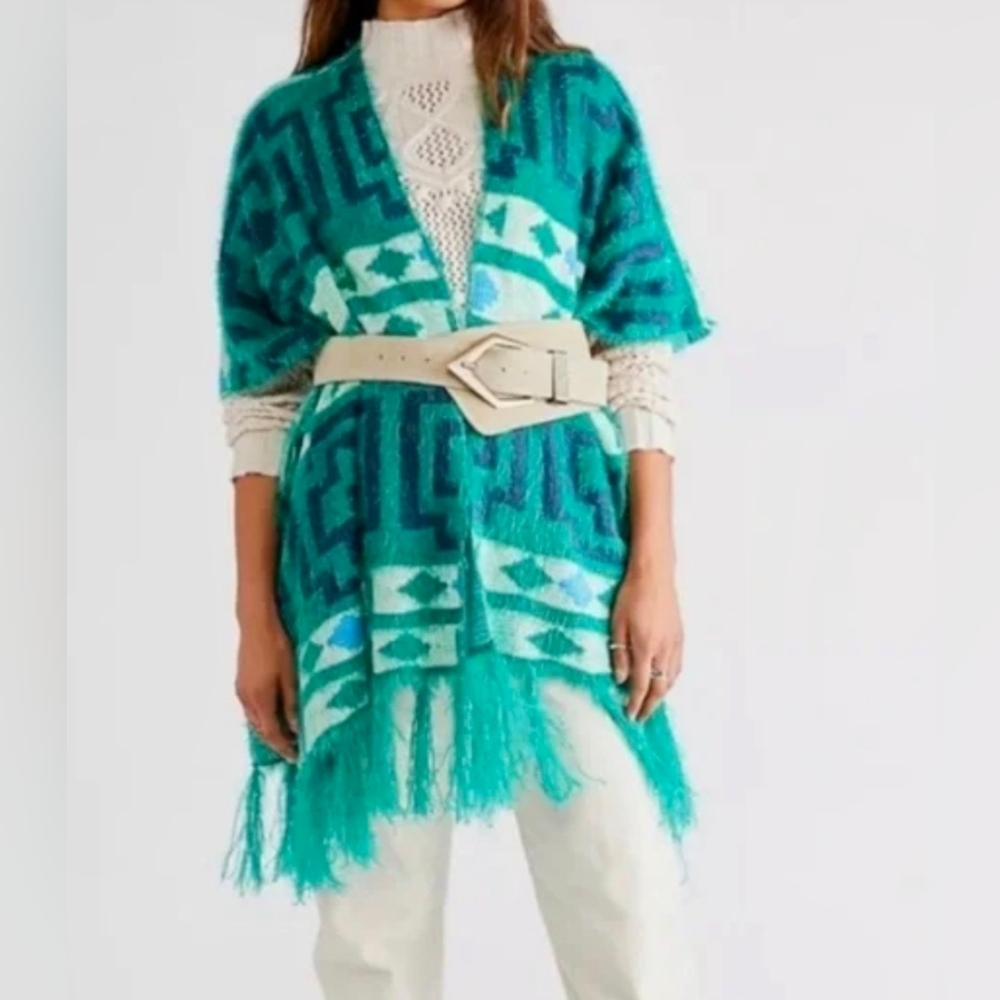 Free People Boho Kimono Poncho Diamondback Design Emerald Blue OS 36.5"W 32"LNew - Picture 2 of 10